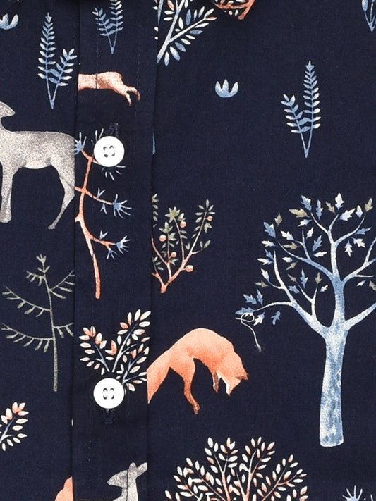 Navy Blue Printed Half Sleeves Shirt