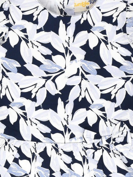 Blue and White Leaf Printed Dress