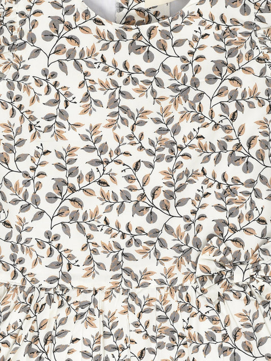 White Dress with Gray Printed Leaves