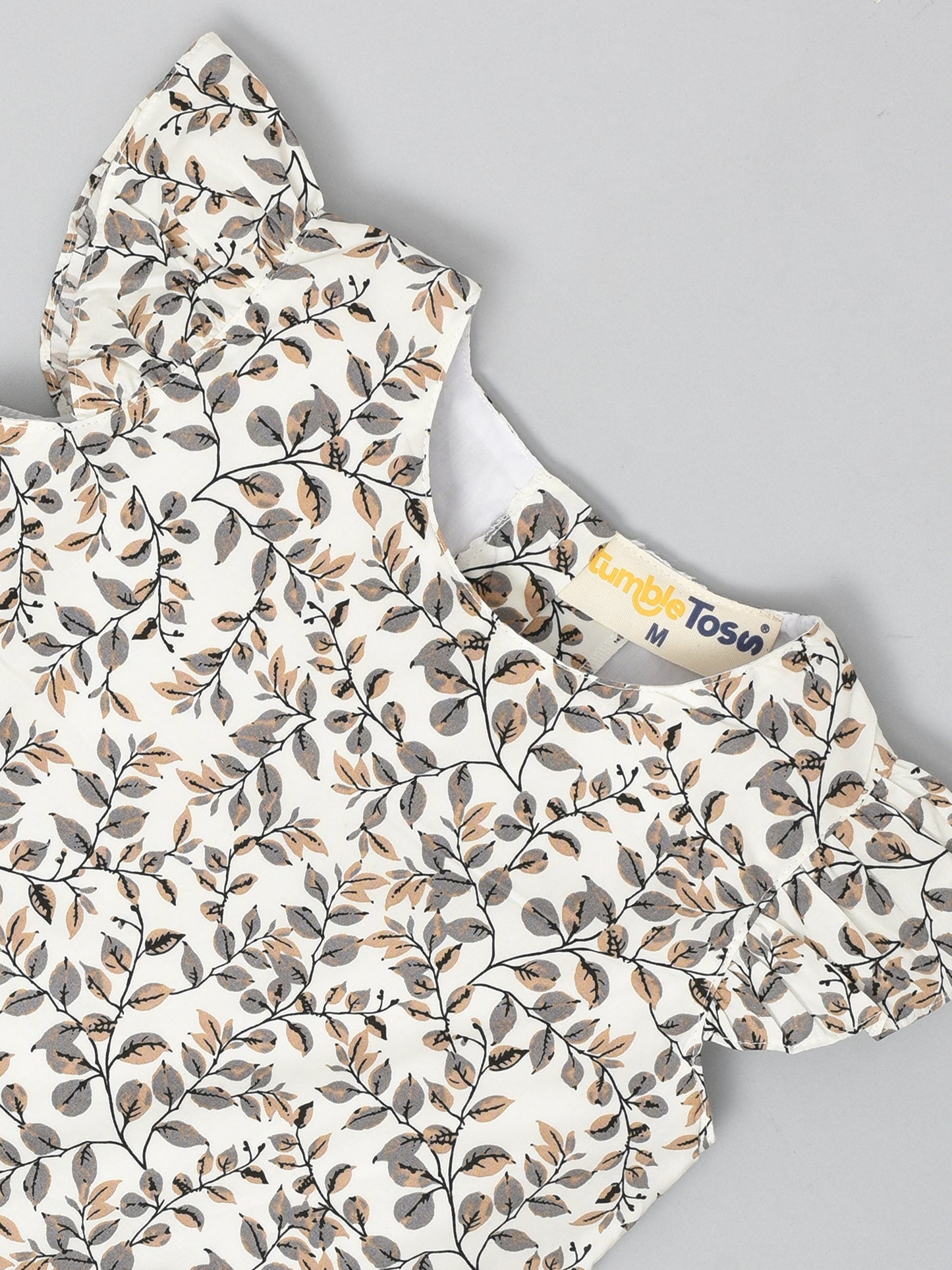 White Dress with Gray Printed Leaves