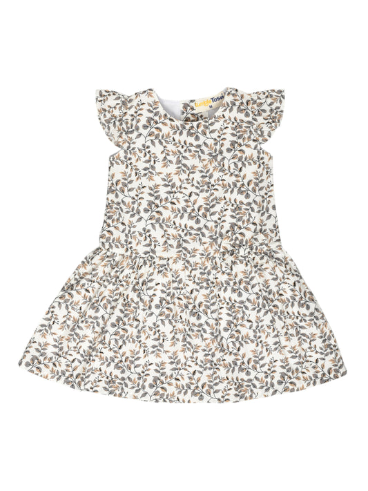 White Dress with Gray Printed Leaves