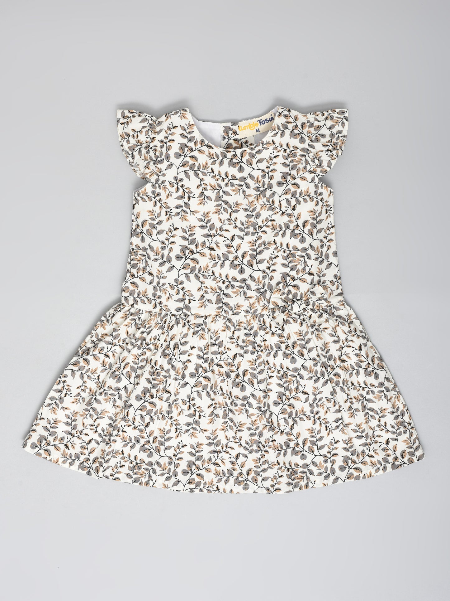 White Dress with Gray Printed Leaves